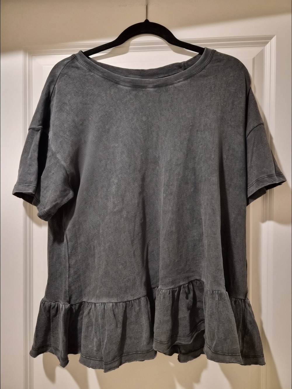 Time and Tru Washed Charcoal Ruffle-Hem Short Sleeve Tunic
